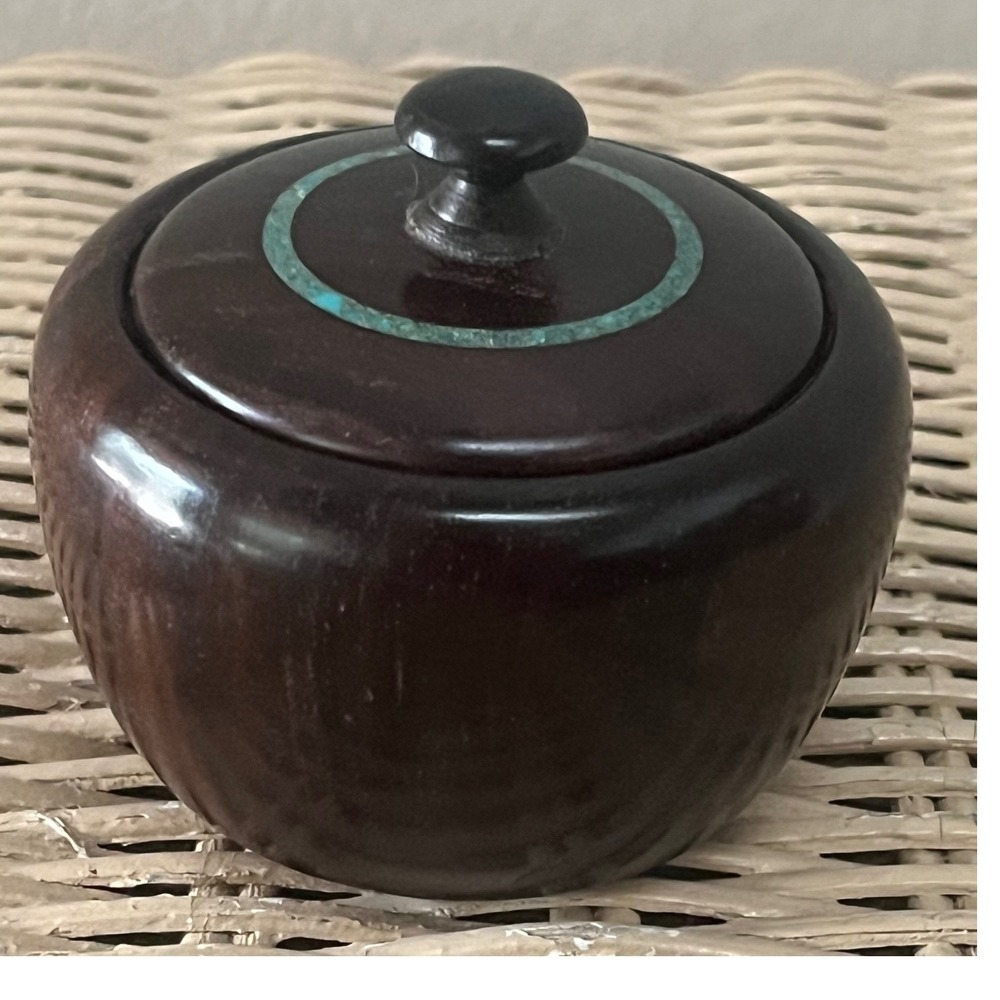 Turned Wood Round Lidded Turquoise Inlay Trinket Box Signed Art Wood